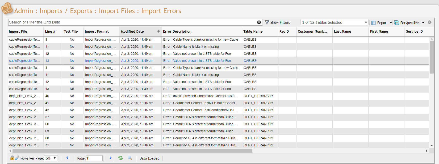 Import Errors Grid example
