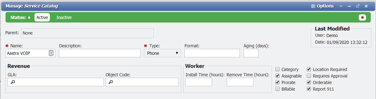Manage Service Catalog form example
